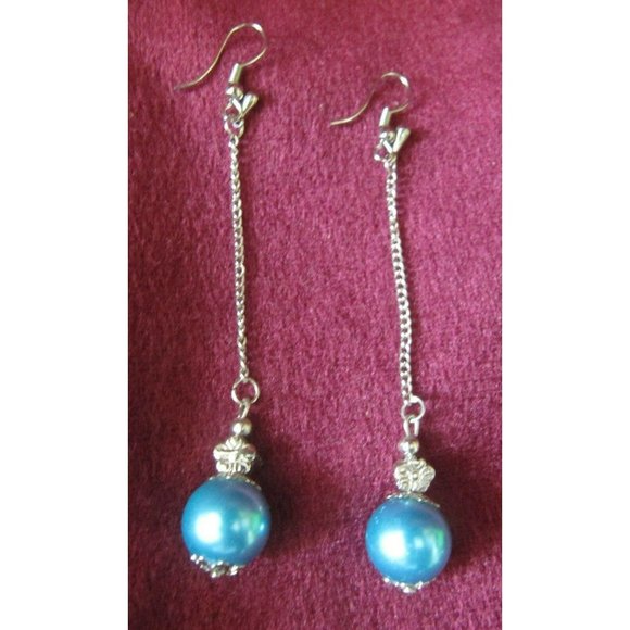 Silver and Frosted Blue Bead Dangle Fashion Earrings CA131 - Picture 5 of 7